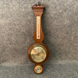 Vintage Wood Brass Airguide Banjo Weather Station Thermometer Barometer